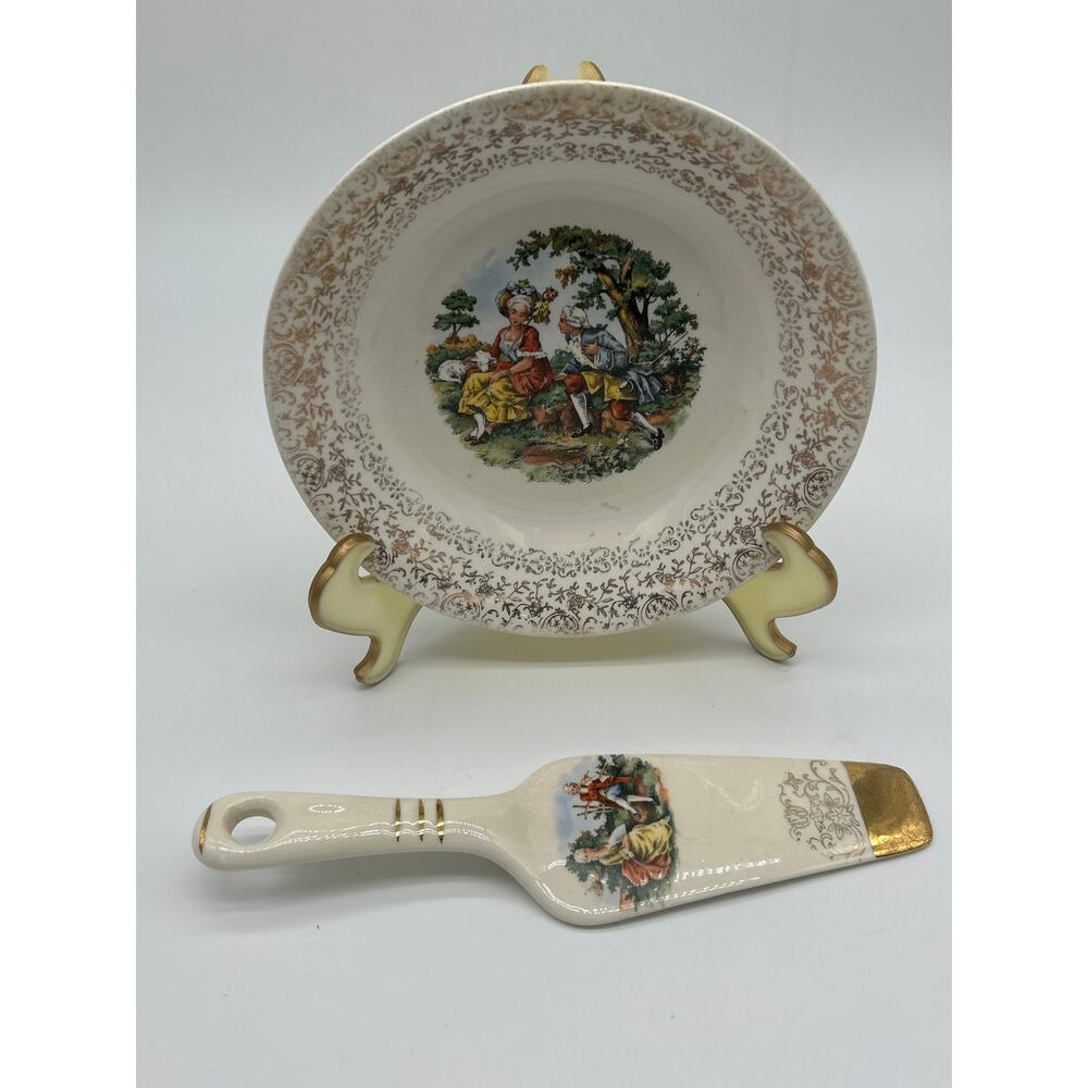 Vintage Cronin China Co Minerva Ohio 8”Bowl Cake Server Gold Trim Colonial Scene